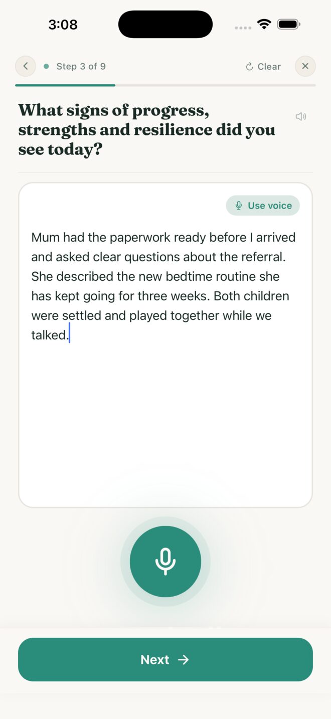 Step 3 of 9 of a guided capture in CaseFlow Note. The question reads &ldquo;What signs of progress, strengths and resilience did you see today?&rdquo;, with a Use voice button, dictated text in the answer box, and a large microphone button below it.