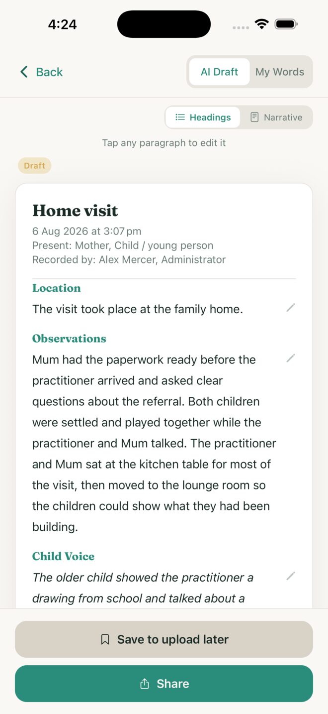 A finished home visit note in CaseFlow Note, headed Location, Observations and Child Voice, with an AI Draft and My Words toggle at the top and Share at the bottom.