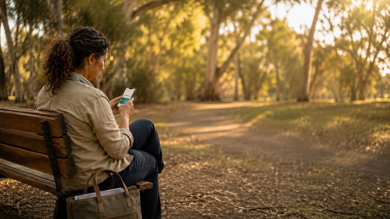 A community support worker sitting alone on a park bench under gum trees in late afternoon light, making a note on her phone, her work bag beside her.