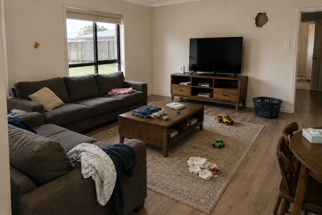 The same lounge room six weeks later, with washing folded on the coffee table and fewer items on the rug.