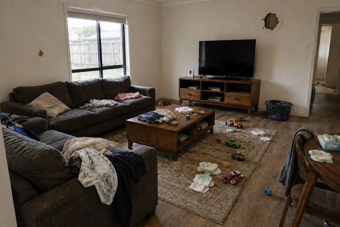A lounge room on a first home visit: washing on both couches and the coffee table, nappies scattered on the rug, toy cars lined up on the rug, and a hole in the plasterboard above the TV.
